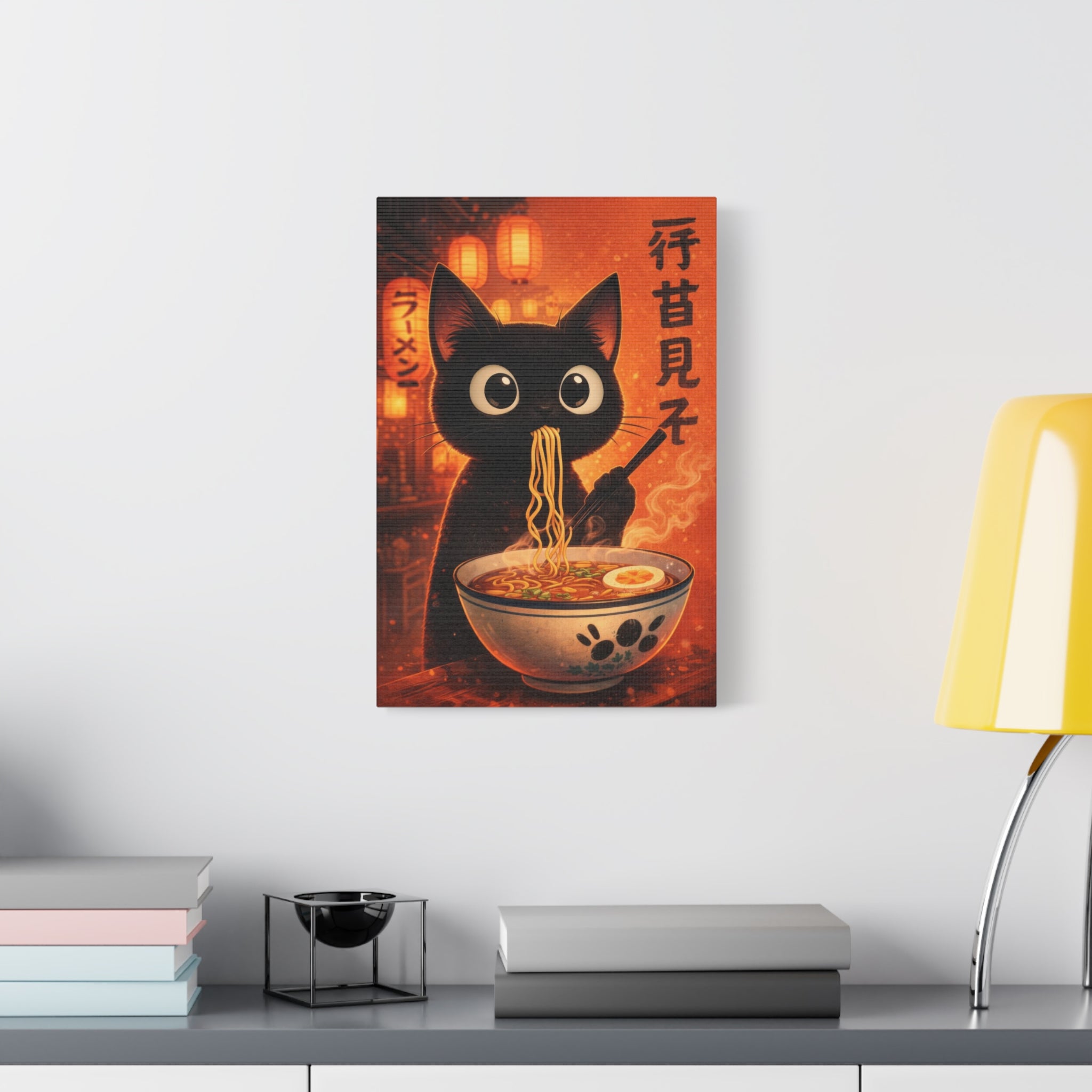 Black Cat Ramen Canvas Wall Art "Lantern Noodles" | Kawaii Japanese Cat Canvas Print | Anime Food Wall Decor Art