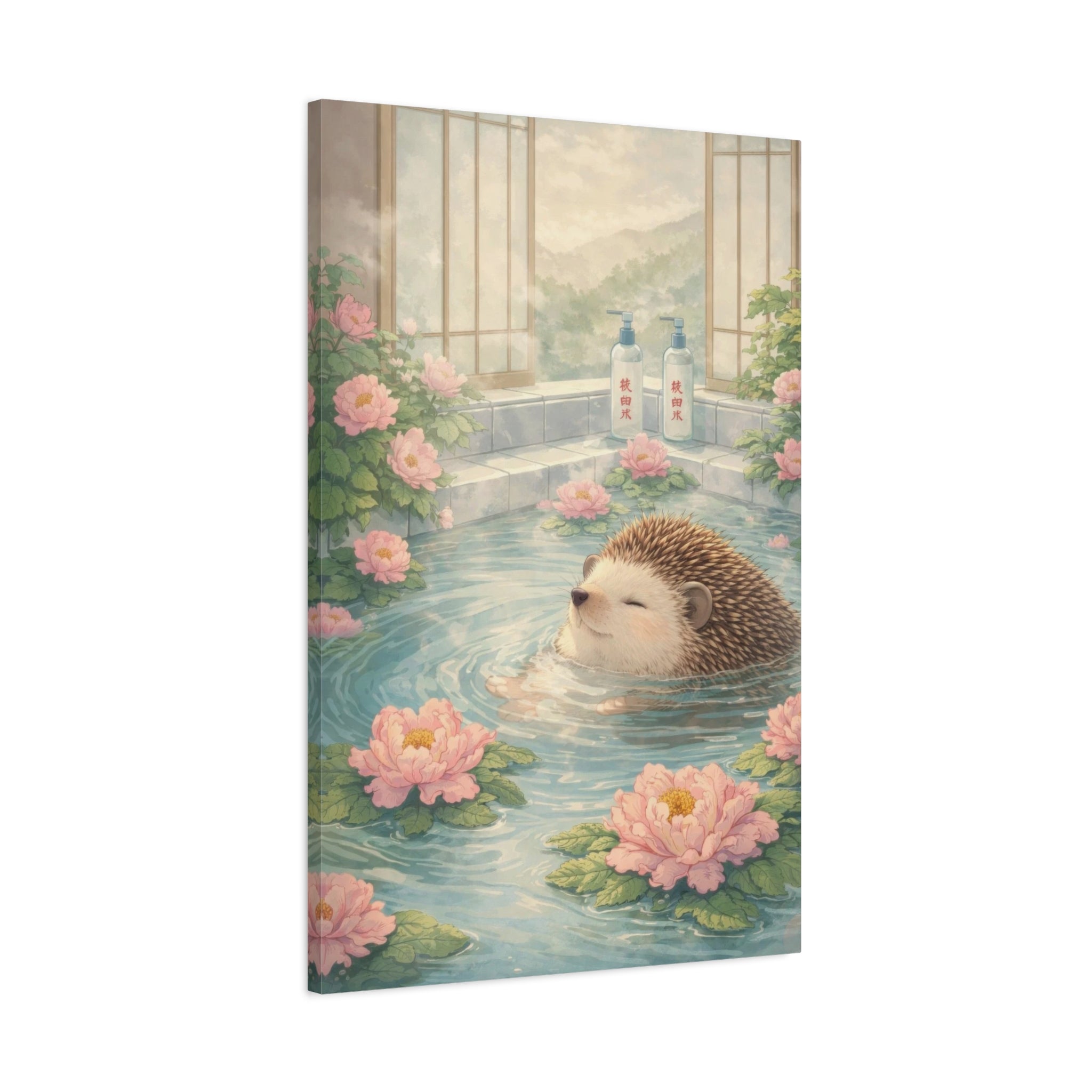Hedgehog Bath Canvas Wall Art "Blossom Springs" | Cute Japanese Hedgehog Canvas Print | Kawaii Spa Wall Decor Art