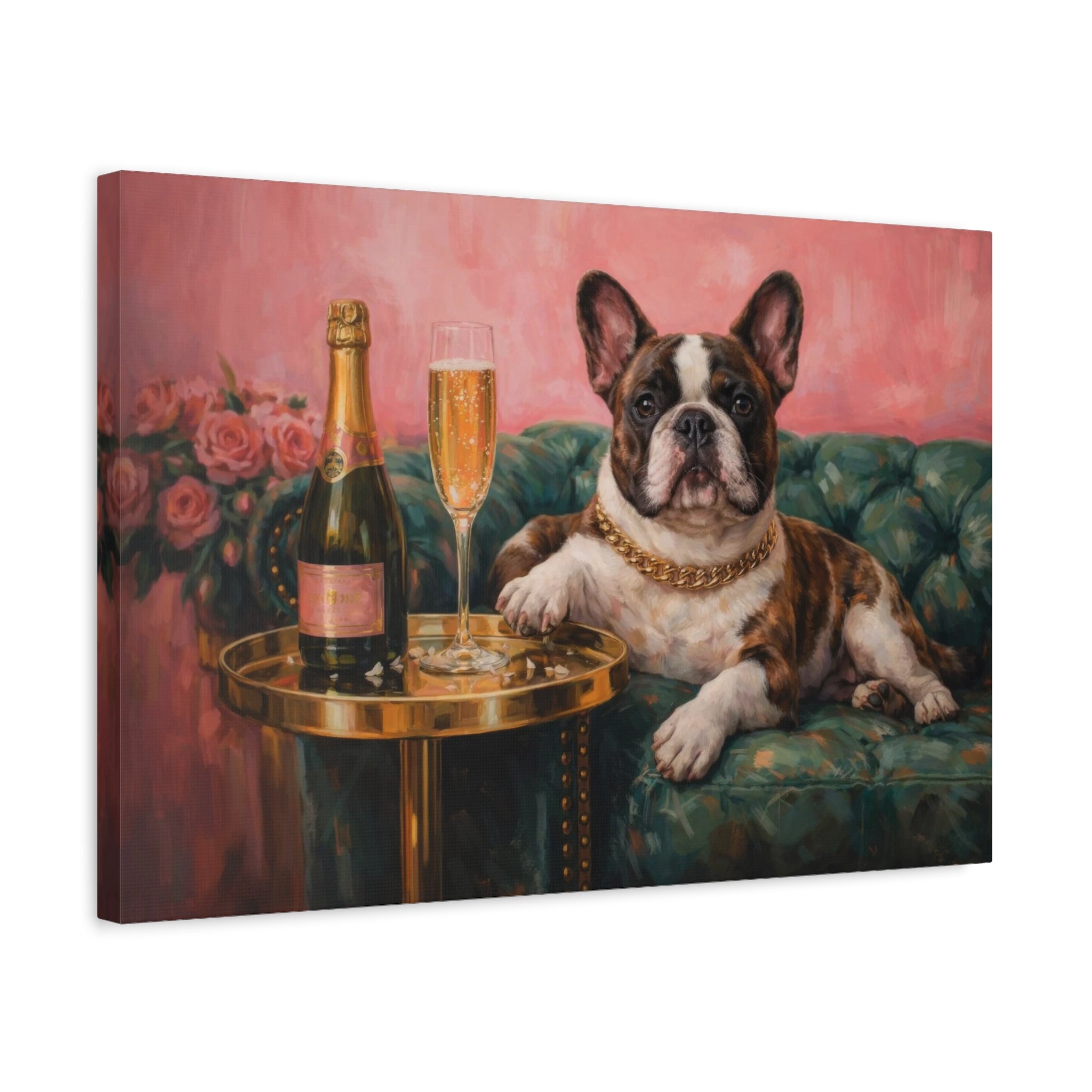 French Bulldog Canvas Wall Art "Champagne Pup" | Funny Dog Canvas Print | Luxury Frenchie Wall Decor | Pink Dog Painting Art