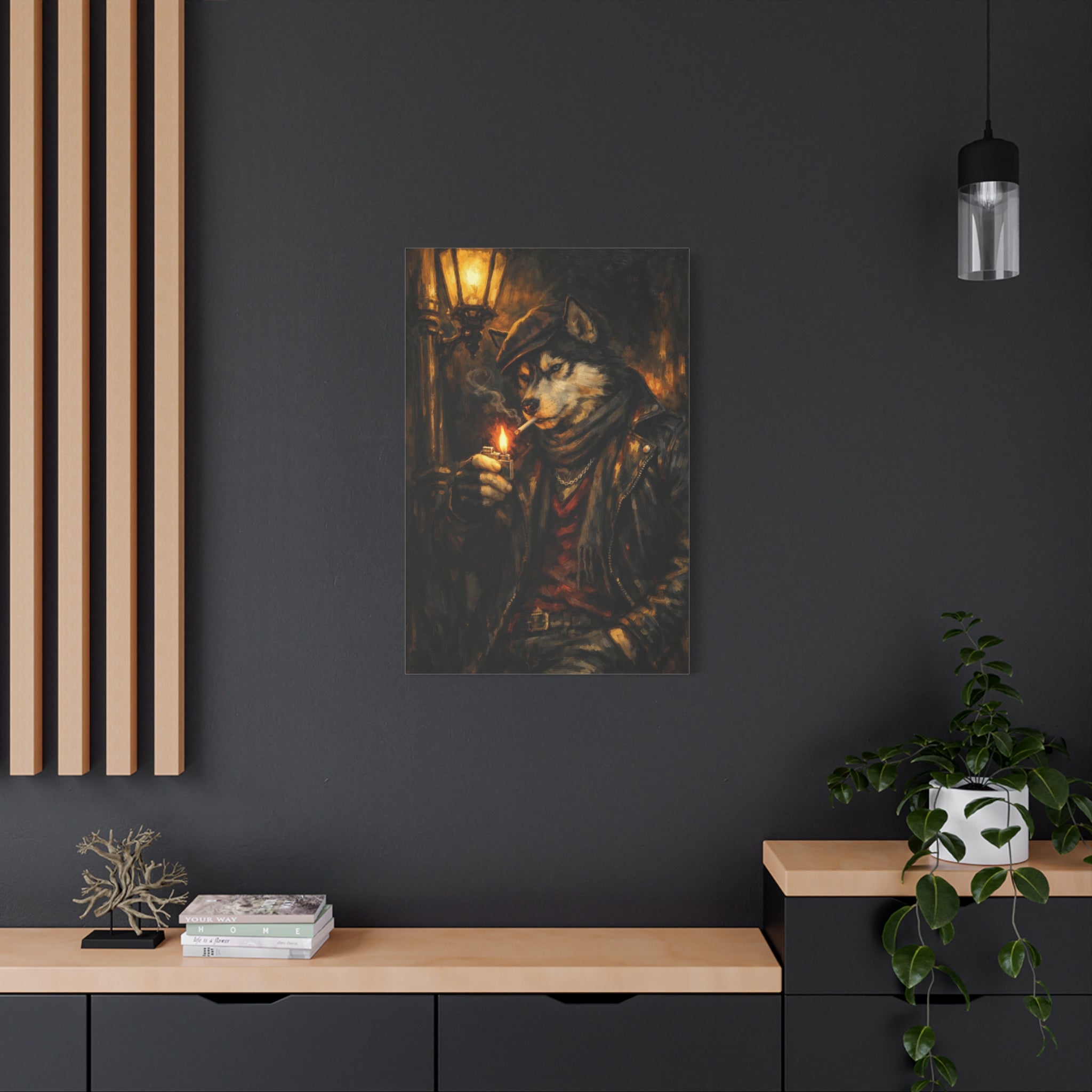 Husky Canvas Wall Art "Midnight Rebel" | Smoking Wolf Dog Canvas Print | Dark Academia Animal Wall Decor Art