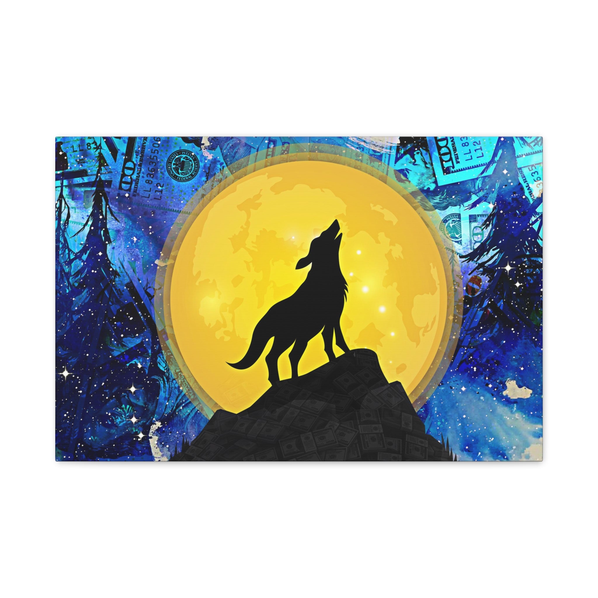 Howling Wolf and Moon Canvas Art "Lunar Prosperity" | Money Art Print | Blue and Yellow Wall Art | Howling Wolf In Prosperity Art Prints