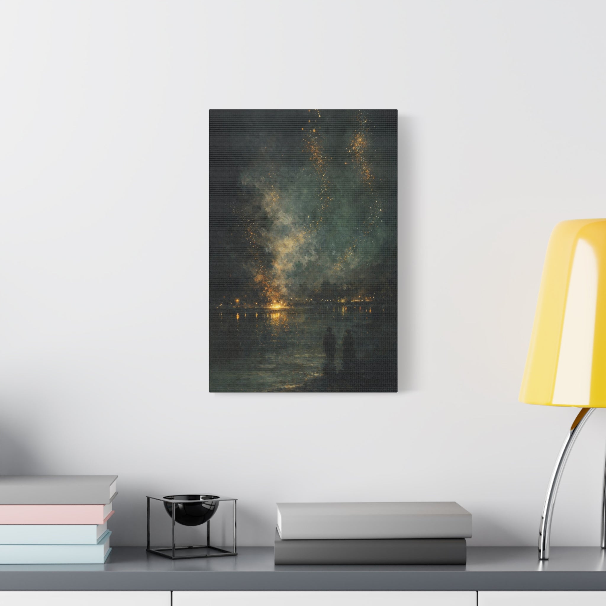 Abstract Night Sky Canvas Wall Art "Golden Nocturne" | Moody Black and Gold Canvas Print | Celestial Lake Wall Decor Art