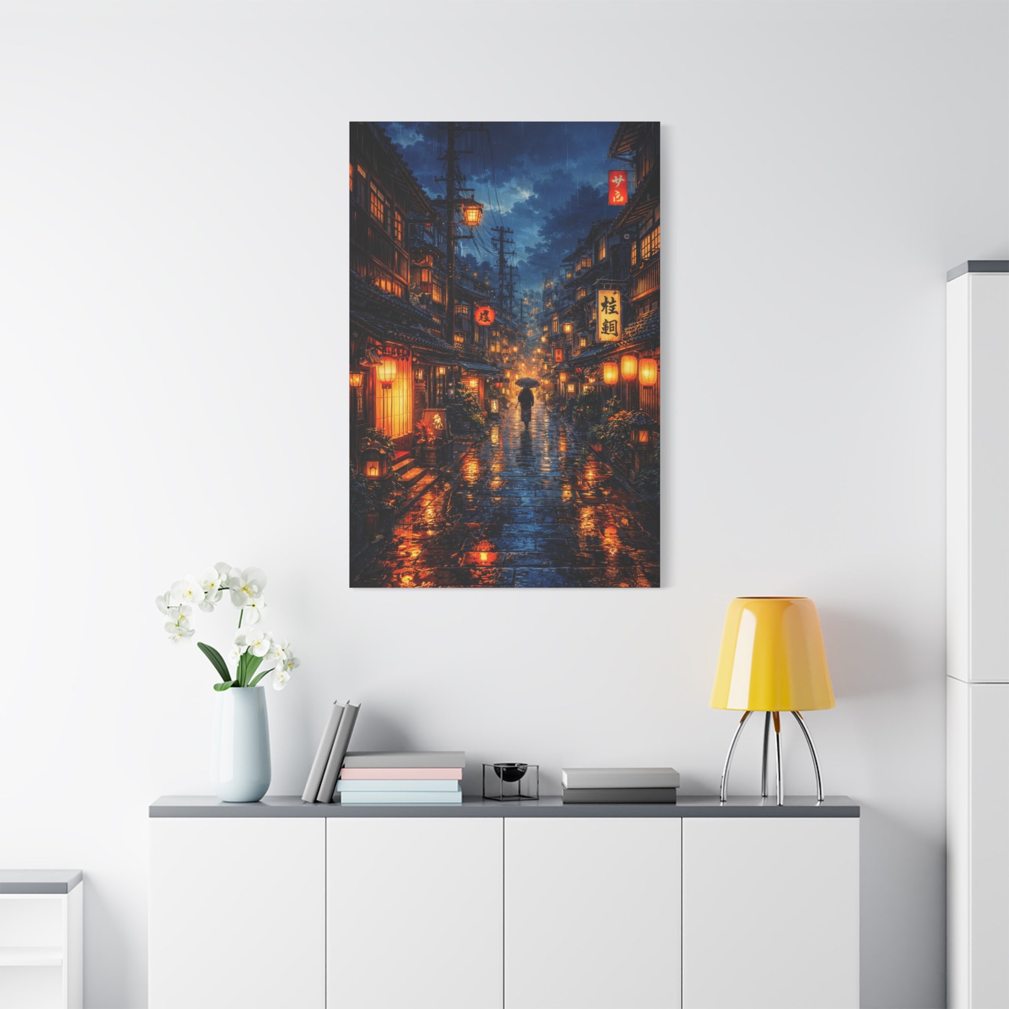 Japanese Street Canvas Wall Art "Lantern Rain" | Kyoto Night Canvas Print | Anime Cityscape Wall Decor | Tokyo Alley Art