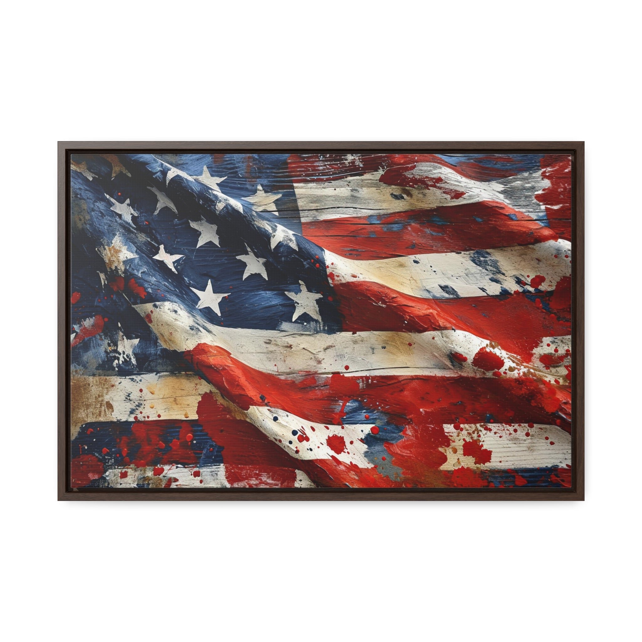 WALNUT FRAME: American Flag Splatter Painting Canvas Art "Stars and Stripes Splash"| Vintage Patriotism Wall Art | American Heritage Art Military Gifts