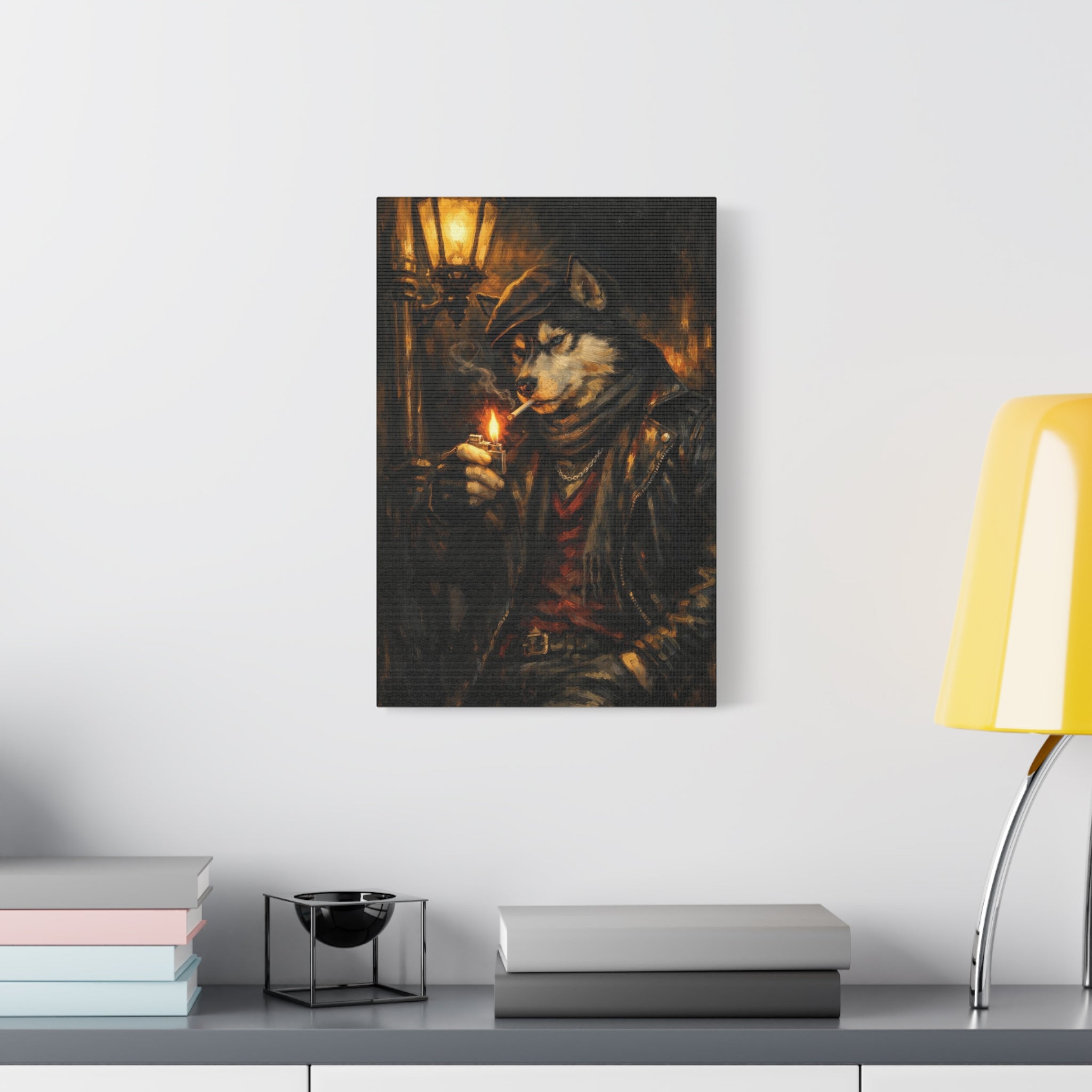 Husky Canvas Wall Art "Midnight Rebel" | Smoking Wolf Dog Canvas Print | Dark Academia Animal Wall Decor Art
