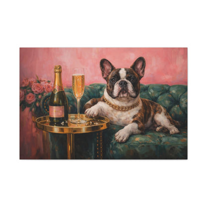 French Bulldog Canvas Wall Art "Champagne Pup" | Funny Dog Canvas Print | Luxury Frenchie Wall Decor | Pink Dog Painting Art