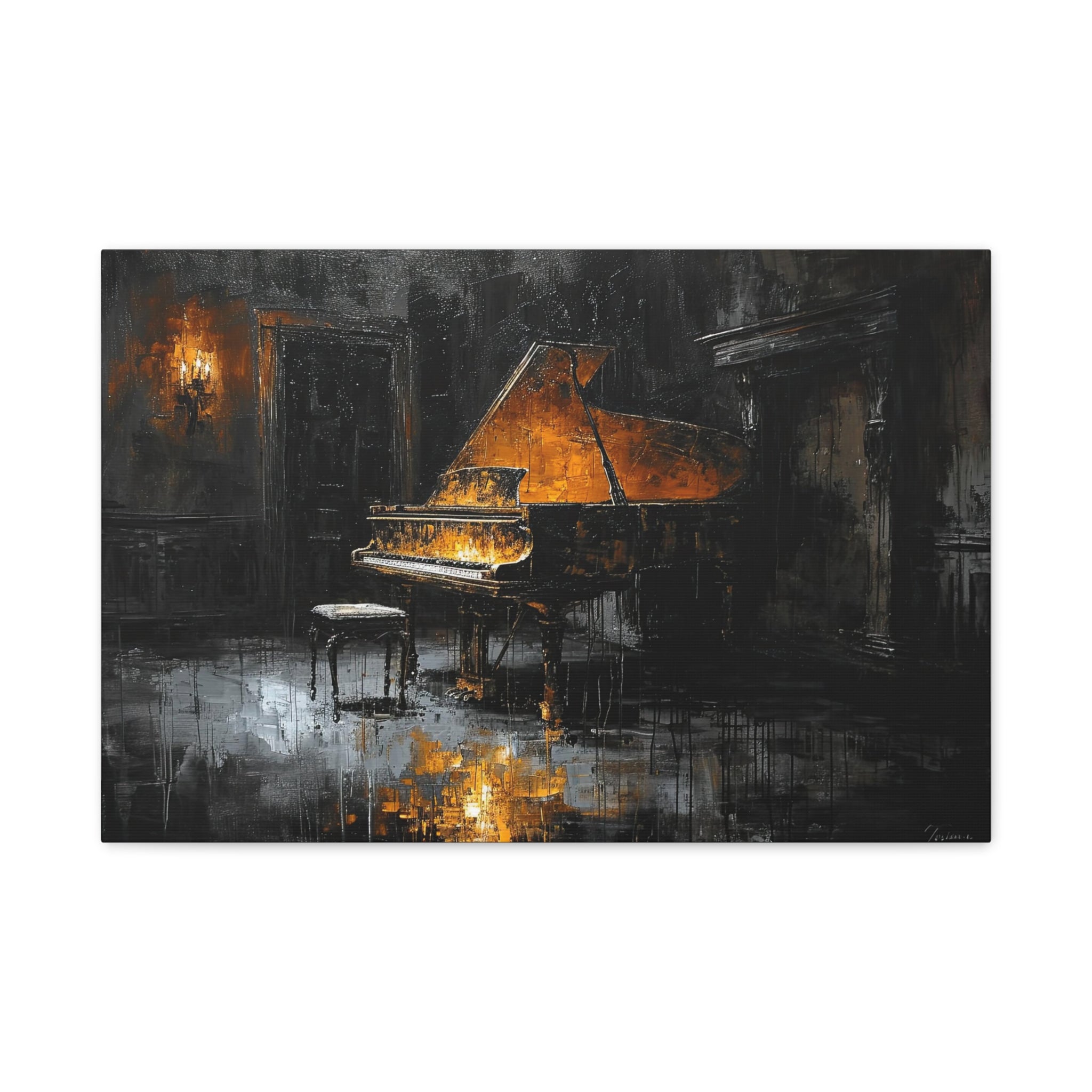 Piano Oil Painting Dark Canvas Art "Melodic Shadows"| Black Gold Piano Wall Art |  Music School Room Decor | Unique Piano Teacher Gifts