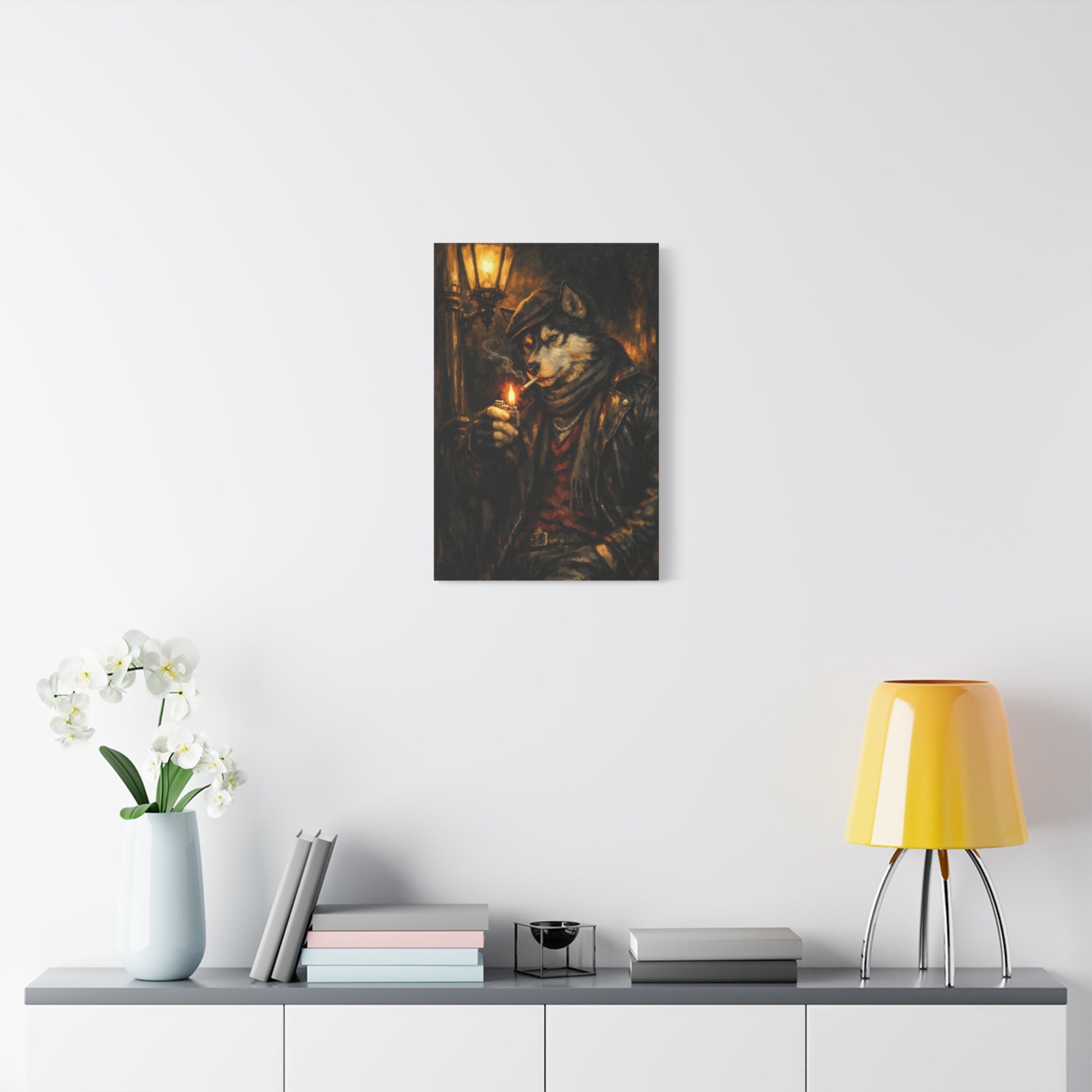 Husky Canvas Wall Art "Midnight Rebel" | Smoking Wolf Dog Canvas Print | Dark Academia Animal Wall Decor Art