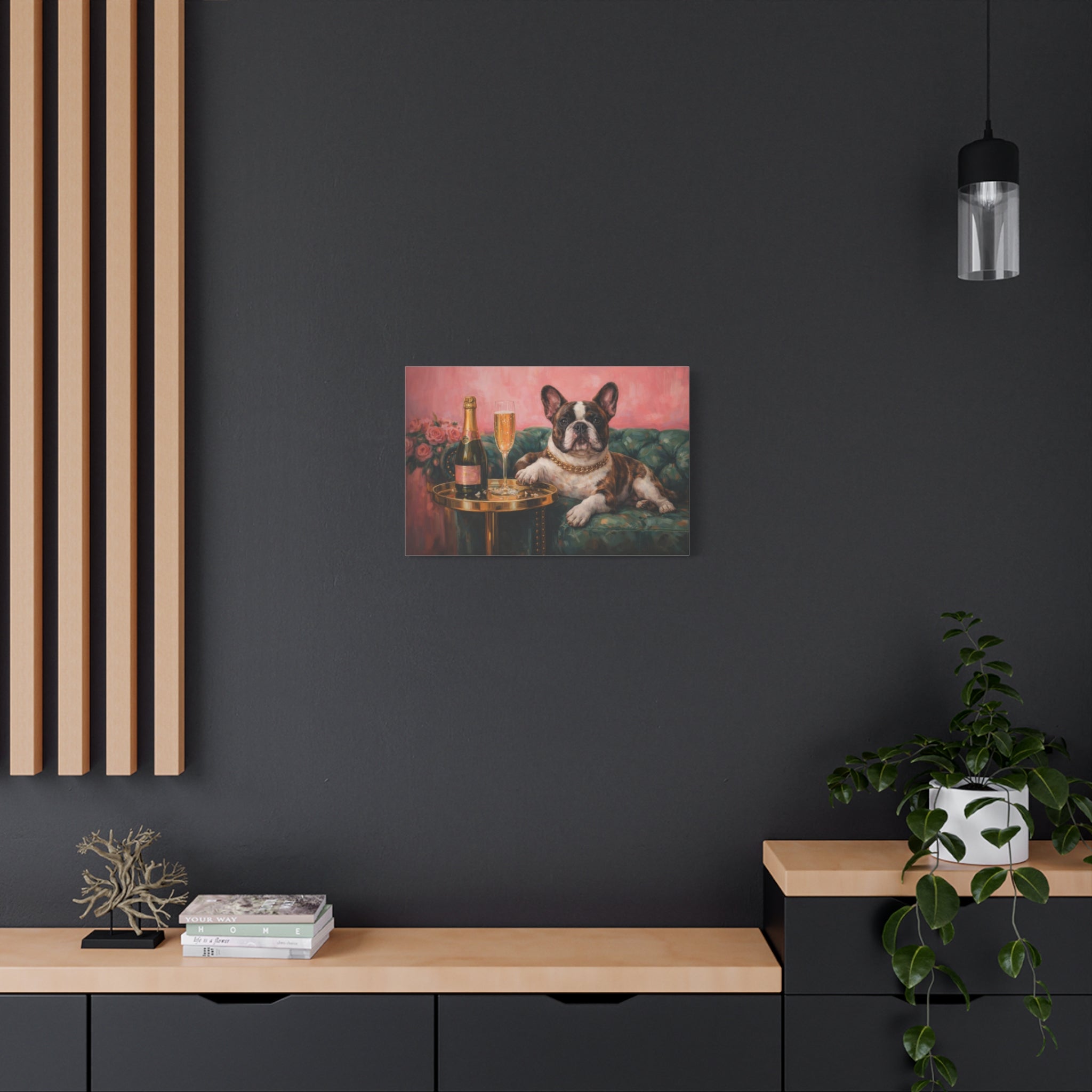 French Bulldog Canvas Wall Art "Champagne Pup" | Funny Dog Canvas Print | Luxury Frenchie Wall Decor | Pink Dog Painting Art