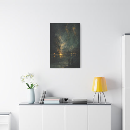 Abstract Night Sky Canvas Wall Art "Golden Nocturne" | Moody Black and Gold Canvas Print | Celestial Lake Wall Decor Art