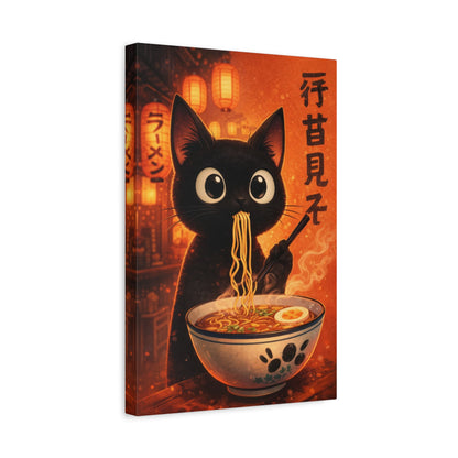 Black Cat Ramen Canvas Wall Art "Lantern Noodles" | Kawaii Japanese Cat Canvas Print | Anime Food Wall Decor Art
