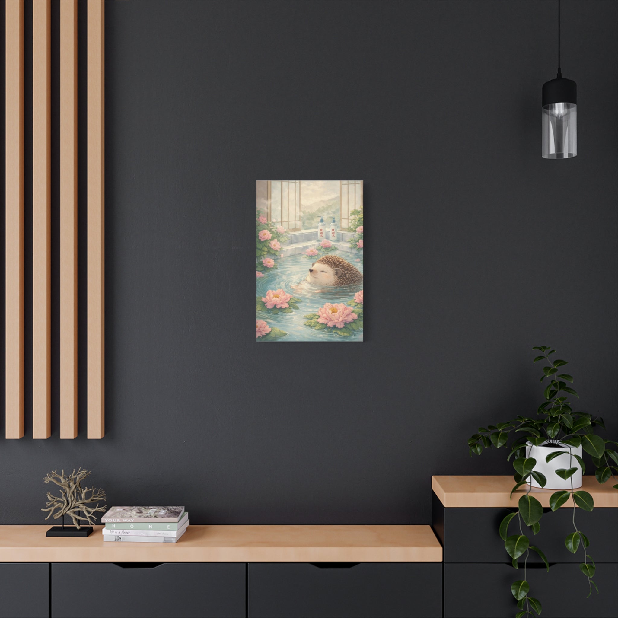 Hedgehog Bath Canvas Wall Art "Blossom Springs" | Cute Japanese Hedgehog Canvas Print | Kawaii Spa Wall Decor Art