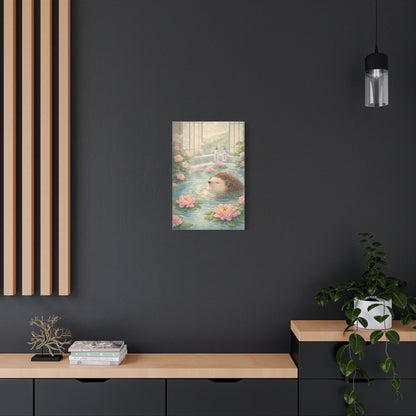 Hedgehog Bath Canvas Wall Art "Blossom Springs" | Cute Japanese Hedgehog Canvas Print | Kawaii Spa Wall Decor Art
