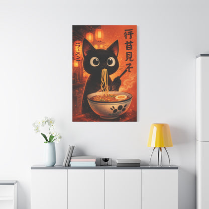 Black Cat Ramen Canvas Wall Art "Lantern Noodles" | Kawaii Japanese Cat Canvas Print | Anime Food Wall Decor Art