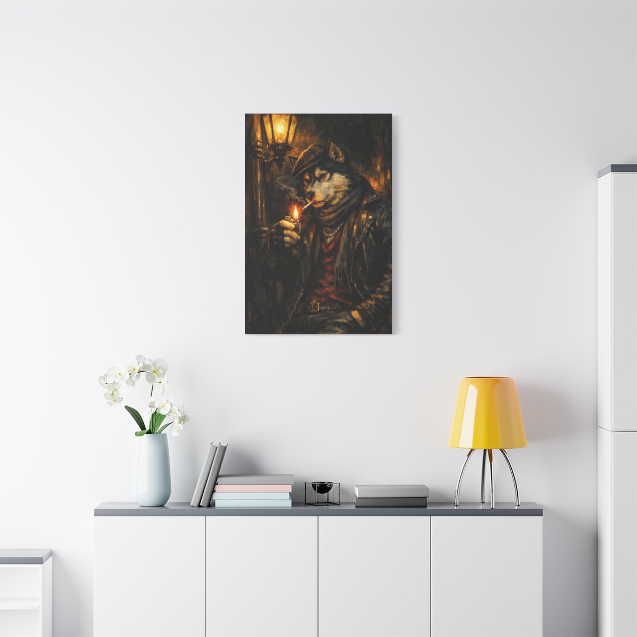 Husky Canvas Wall Art "Midnight Rebel" | Smoking Wolf Dog Canvas Print | Dark Academia Animal Wall Decor Art