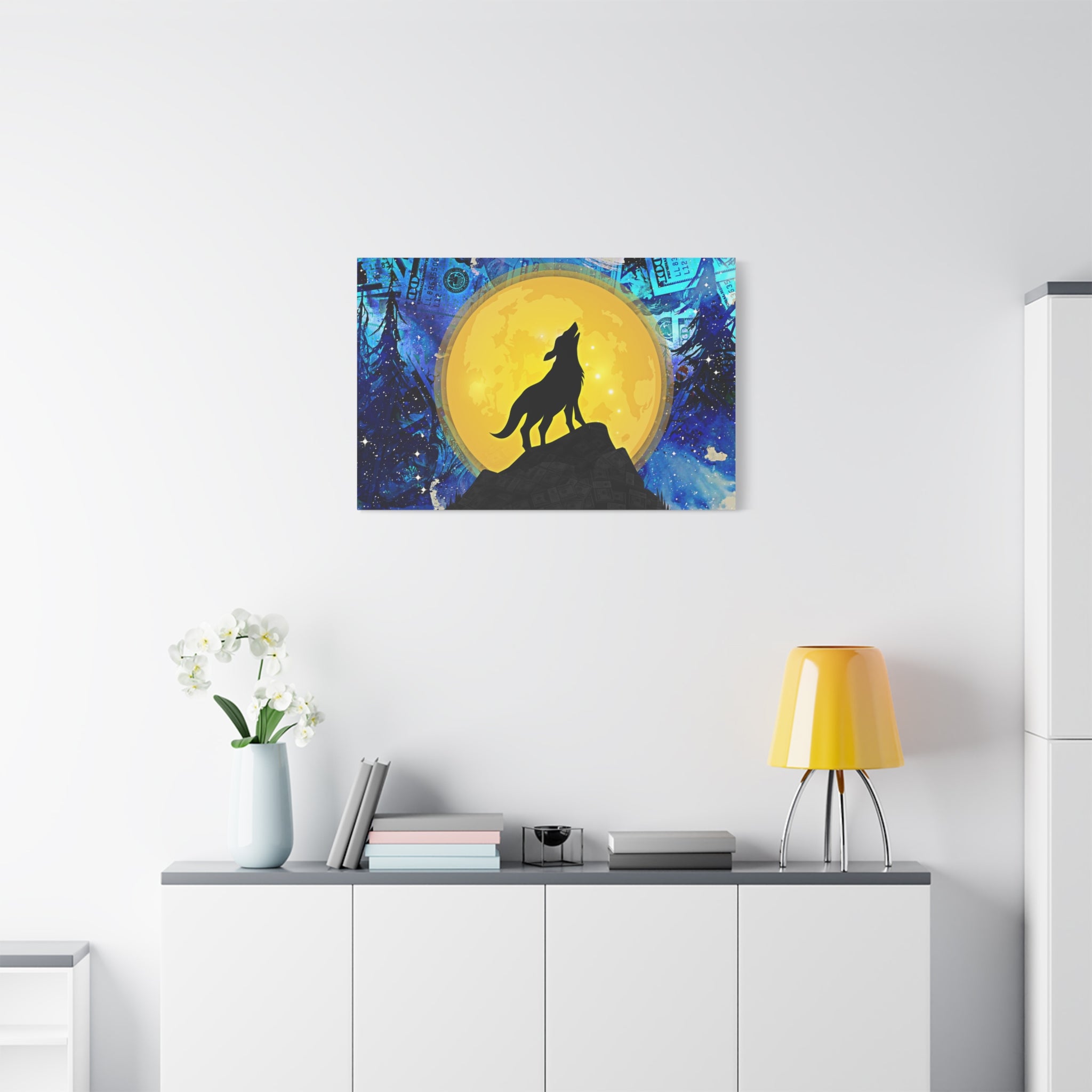 Howling Wolf and Moon Canvas Art "Lunar Prosperity" | Money Art Print | Blue and Yellow Wall Art | Howling Wolf In Prosperity Art Prints