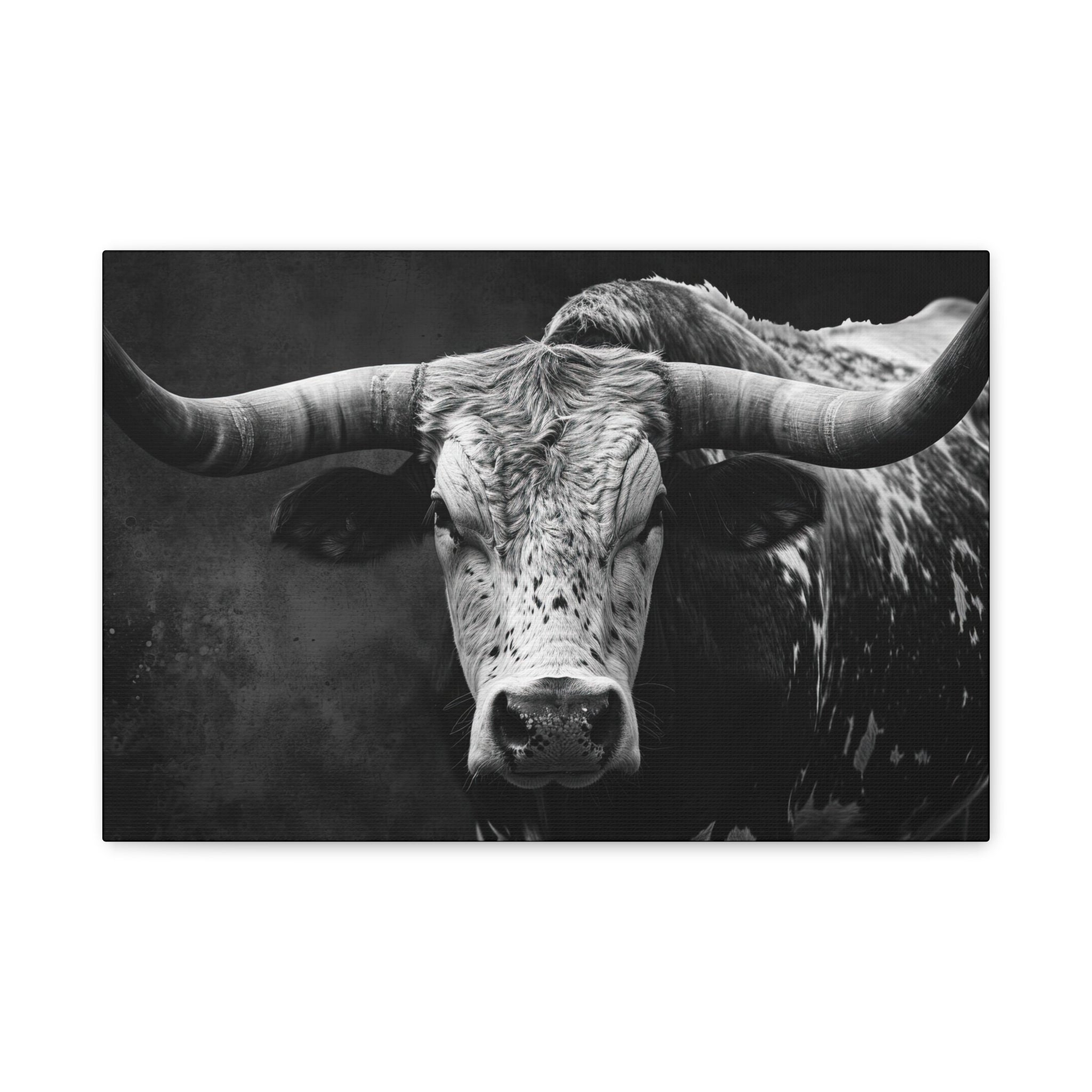 Black and White Longhorn Photo Canvas Print "Precision in Nature"| Monochrome Bull Wall Art | Wild West Animal Art | Texas Longhorn Gifts