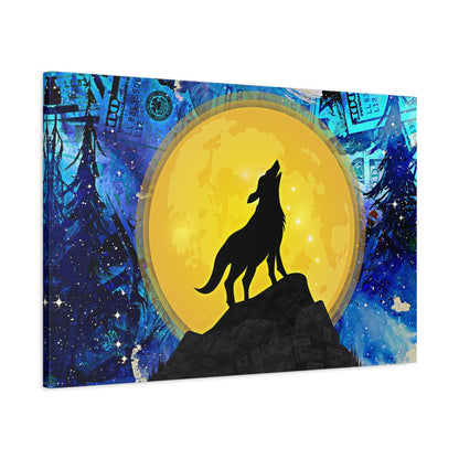 Howling Wolf and Moon Canvas Art "Lunar Prosperity" | Money Art Print | Blue and Yellow Wall Art | Howling Wolf In Prosperity Art Prints