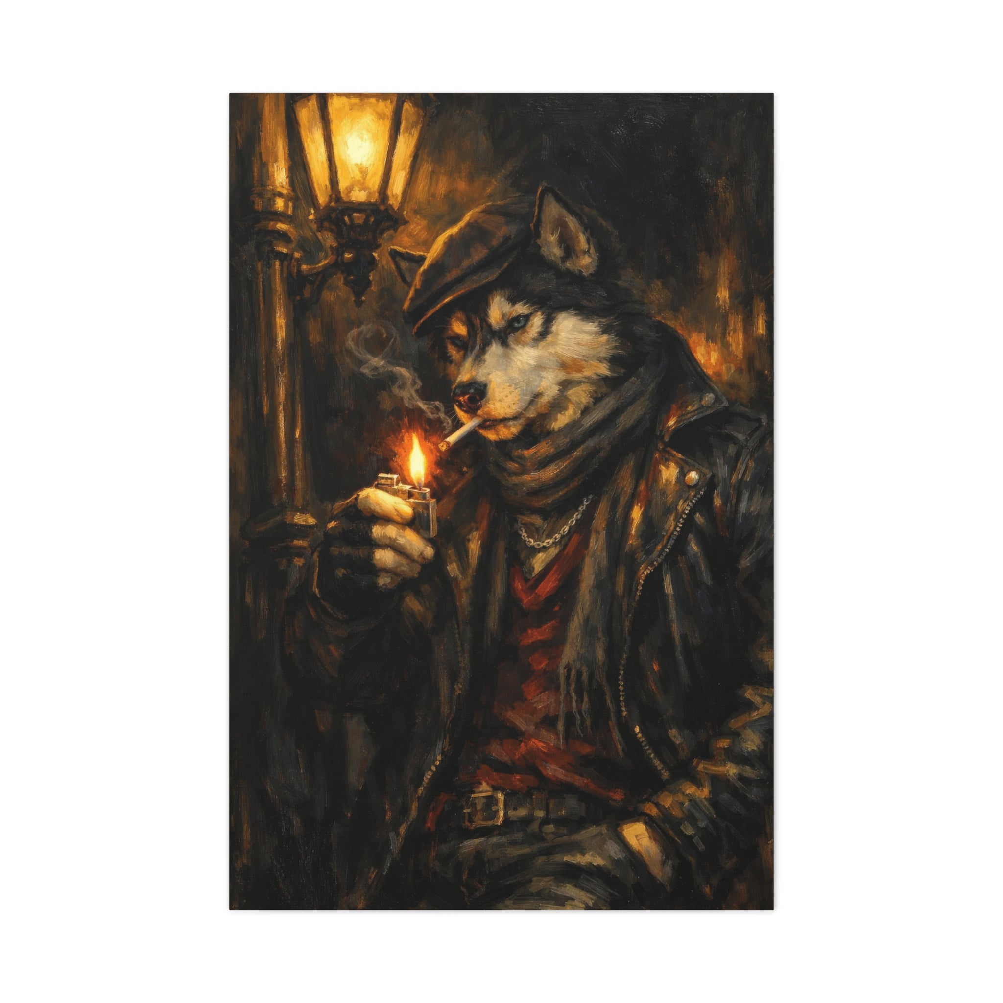 Husky Canvas Wall Art "Midnight Rebel" | Smoking Wolf Dog Canvas Print | Dark Academia Animal Wall Decor Art
