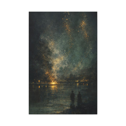 Abstract Night Sky Canvas Wall Art "Golden Nocturne" | Moody Black and Gold Canvas Print | Celestial Lake Wall Decor Art