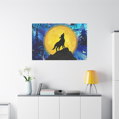 Howling Wolf and Moon Canvas Art "Lunar Prosperity" | Money Art Print | Blue and Yellow Wall Art | Howling Wolf In Prosperity Art Prints