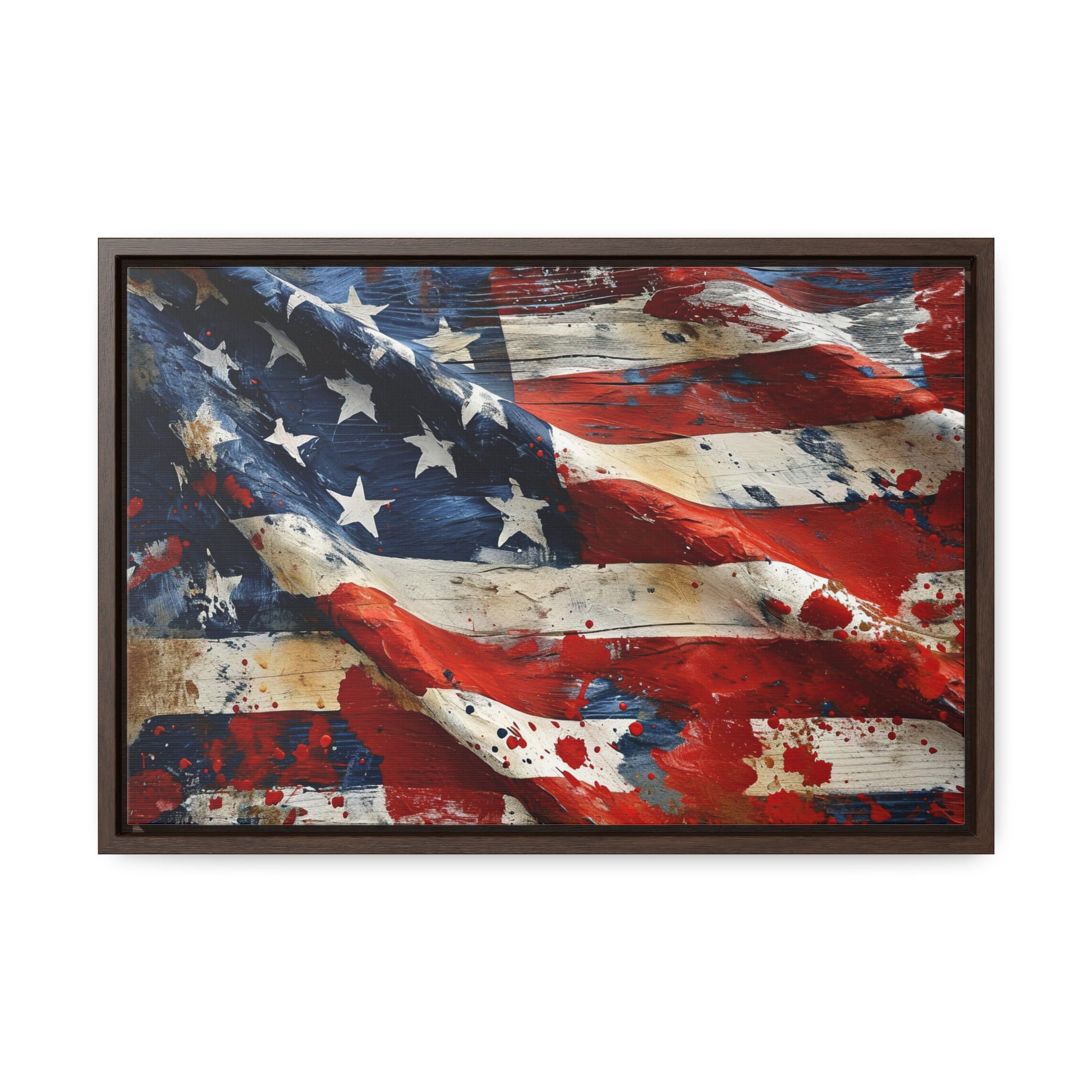 WALNUT FRAME: American Flag Splatter Painting Canvas Art "Stars and Stripes Splash"| Vintage Patriotism Wall Art | American Heritage Art Military Gifts