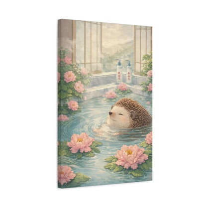 Hedgehog Bath Canvas Wall Art "Blossom Springs" | Cute Japanese Hedgehog Canvas Print | Kawaii Spa Wall Decor Art