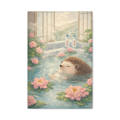 Hedgehog Bath Canvas Wall Art "Blossom Springs" | Cute Japanese Hedgehog Canvas Print | Kawaii Spa Wall Decor Art
