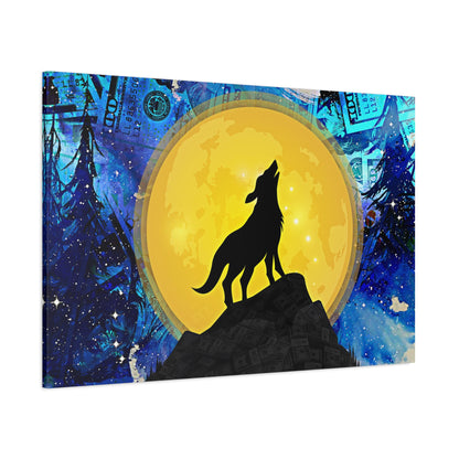 Howling Wolf and Moon Canvas Art "Lunar Prosperity" | Money Art Print | Blue and Yellow Wall Art | Howling Wolf In Prosperity Art Prints