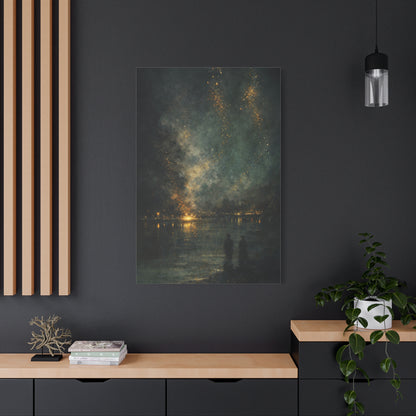 Abstract Night Sky Canvas Wall Art "Golden Nocturne" | Moody Black and Gold Canvas Print | Celestial Lake Wall Decor Art