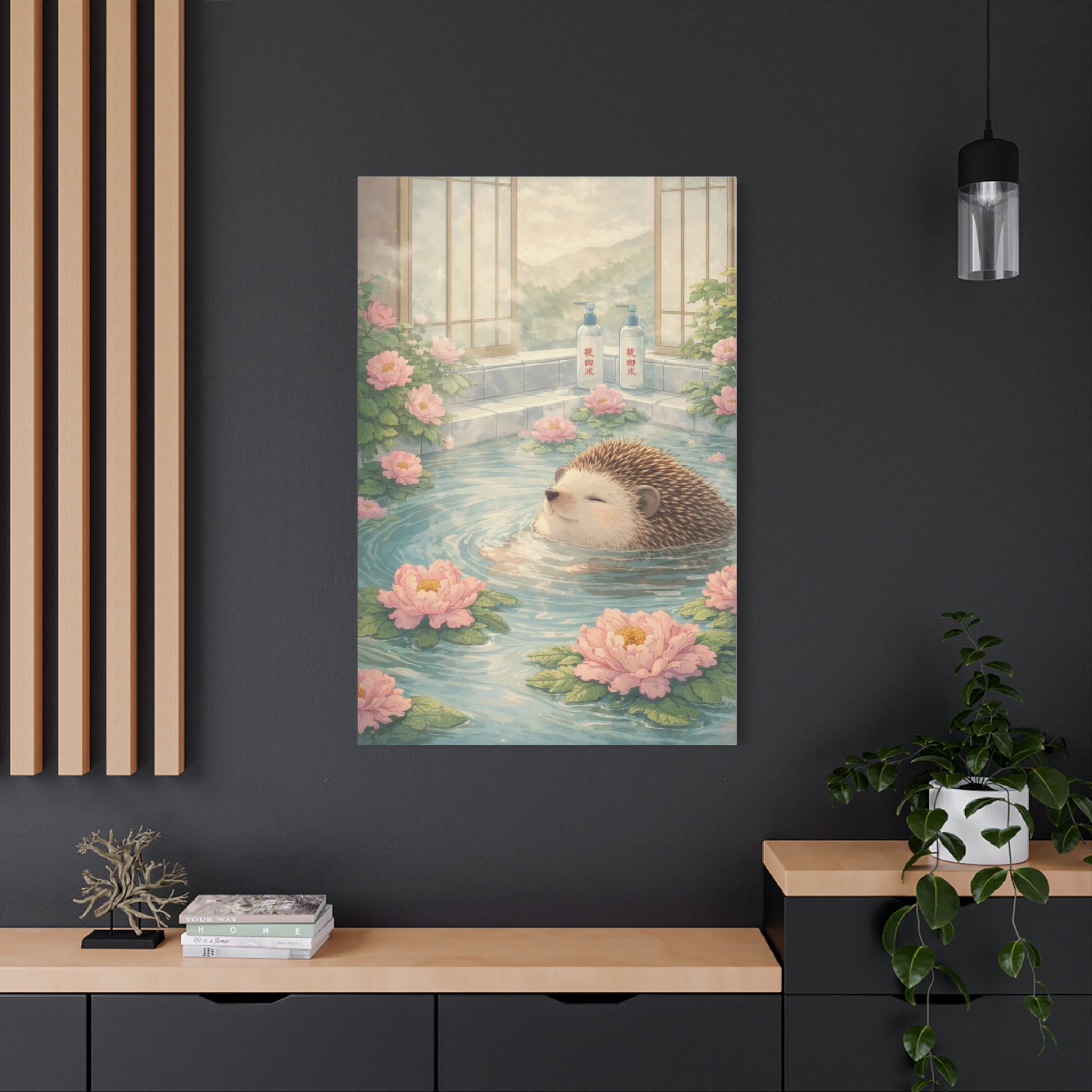 Hedgehog Bath Canvas Wall Art "Blossom Springs" | Cute Japanese Hedgehog Canvas Print | Kawaii Spa Wall Decor Art
