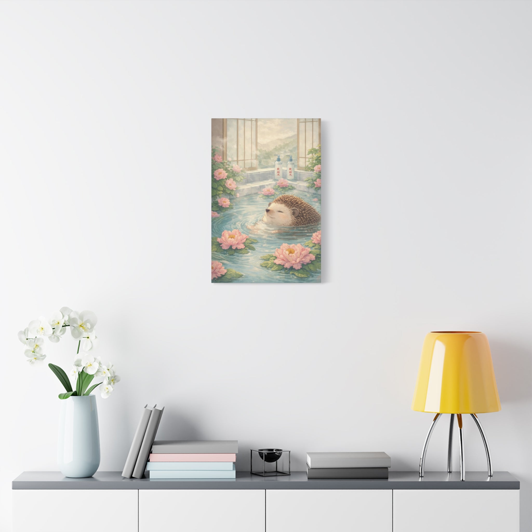 Hedgehog Bath Canvas Wall Art "Blossom Springs" | Cute Japanese Hedgehog Canvas Print | Kawaii Spa Wall Decor Art