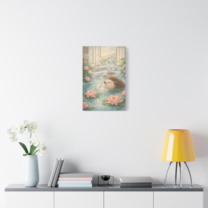 Hedgehog Bath Canvas Wall Art "Blossom Springs" | Cute Japanese Hedgehog Canvas Print | Kawaii Spa Wall Decor Art