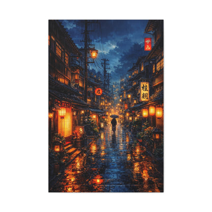 Japanese Street Canvas Wall Art "Lantern Rain" | Kyoto Night Canvas Print | Anime Cityscape Wall Decor | Tokyo Alley Art
