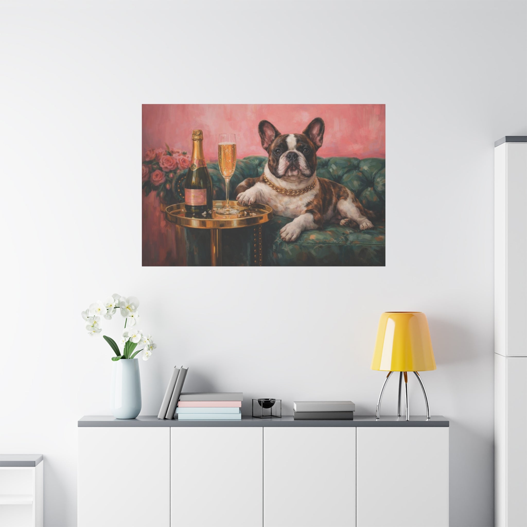 French Bulldog Canvas Wall Art "Champagne Pup" | Funny Dog Canvas Print | Luxury Frenchie Wall Decor | Pink Dog Painting Art