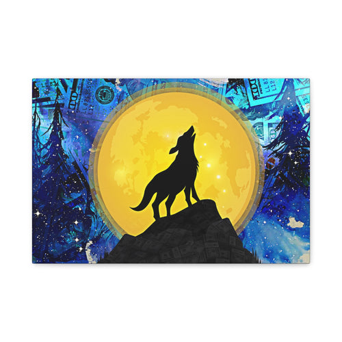 Howling Wolf and Moon Canvas Art "Lunar Prosperity" | Money Art Print | Blue and Yellow Wall Art | Howling Wolf In Prosperity Art Prints