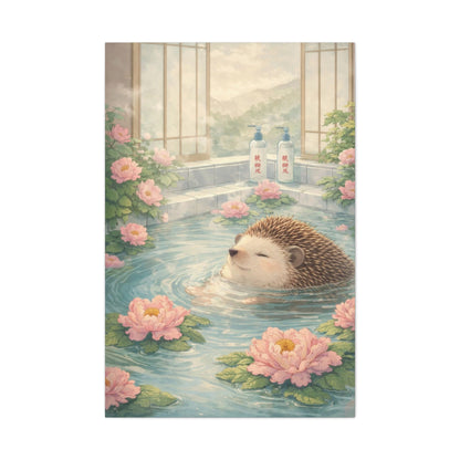 Hedgehog Bath Canvas Wall Art "Blossom Springs" | Cute Japanese Hedgehog Canvas Print | Kawaii Spa Wall Decor Art