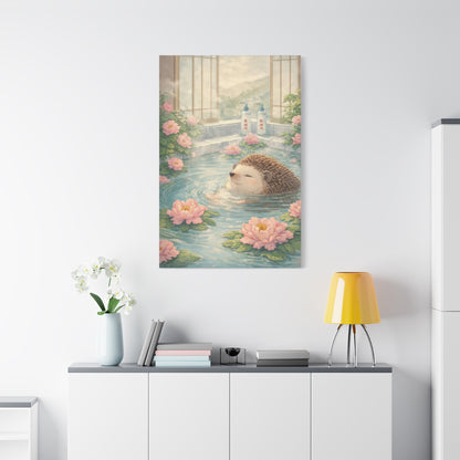 Hedgehog Bath Canvas Wall Art "Blossom Springs" | Cute Japanese Hedgehog Canvas Print | Kawaii Spa Wall Decor Art