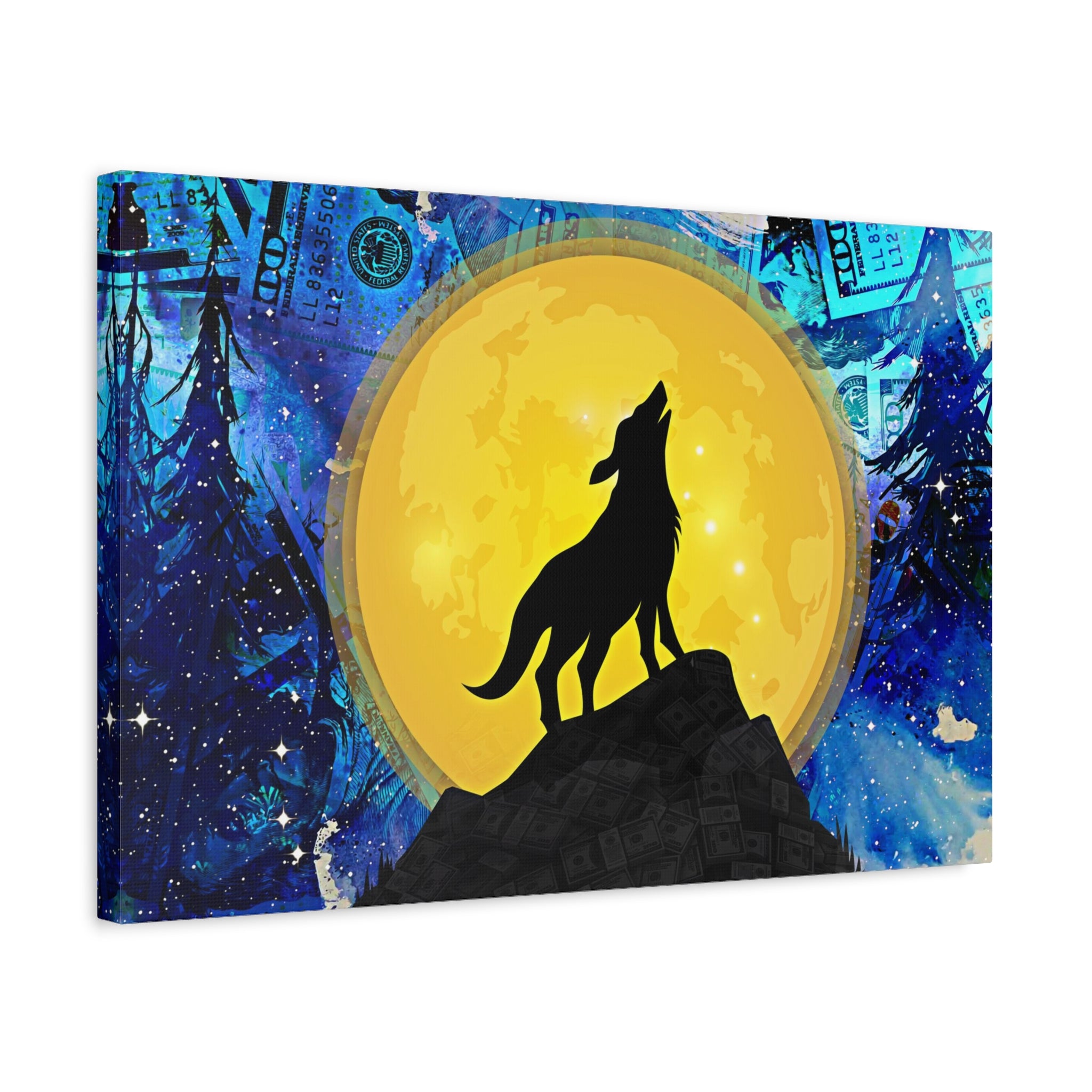 Howling Wolf and Moon Canvas Art "Lunar Prosperity" | Money Art Print | Blue and Yellow Wall Art | Howling Wolf In Prosperity Art Prints
