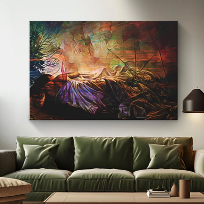Camping Canvas Art  "Fireside Dreams" | Campfire Art Wall Hanging | Colorful Abstract Painting Art | Aesthetic Interpretation Wall Decor
