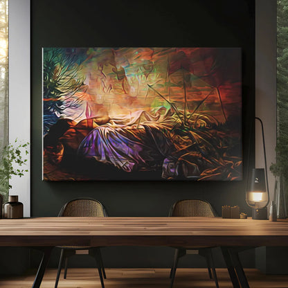 Camping Canvas Art  "Fireside Dreams" | Campfire Art Wall Hanging | Colorful Abstract Painting Art | Aesthetic Interpretation Wall Decor