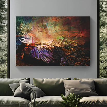 Camping Canvas Art  "Fireside Dreams" | Campfire Art Wall Hanging | Colorful Abstract Painting Art | Aesthetic Interpretation Wall Decor