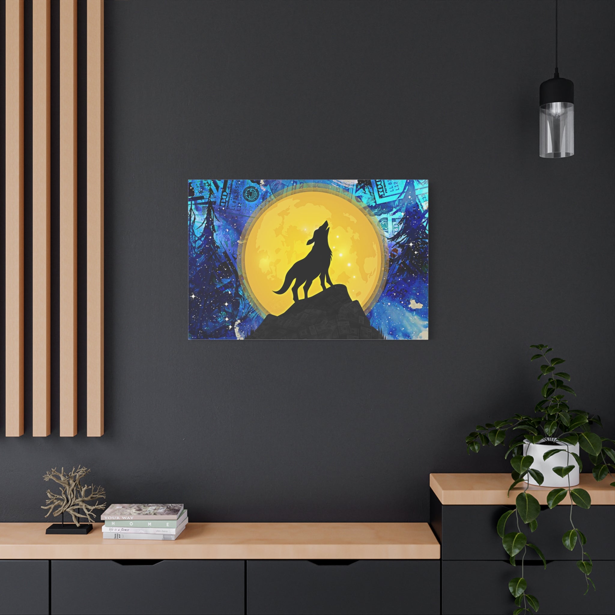 Howling Wolf and Moon Canvas Art "Lunar Prosperity" | Money Art Print | Blue and Yellow Wall Art | Howling Wolf In Prosperity Art Prints
