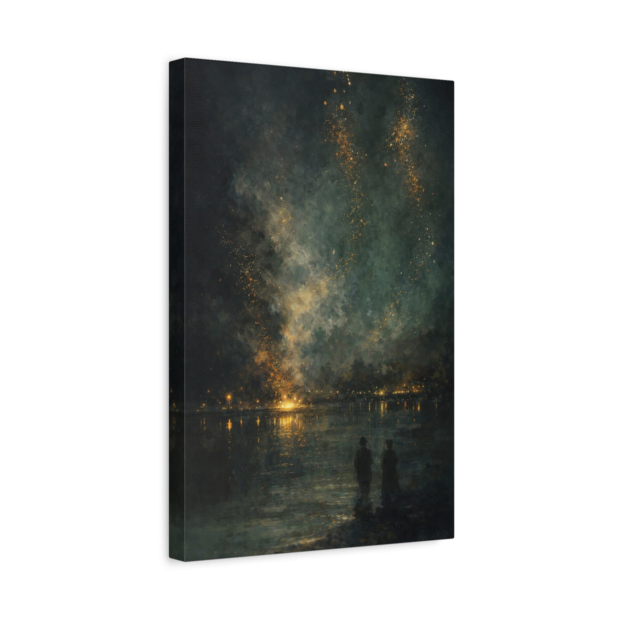 Abstract Night Sky Canvas Wall Art "Golden Nocturne" | Moody Black and Gold Canvas Print | Celestial Lake Wall Decor Art