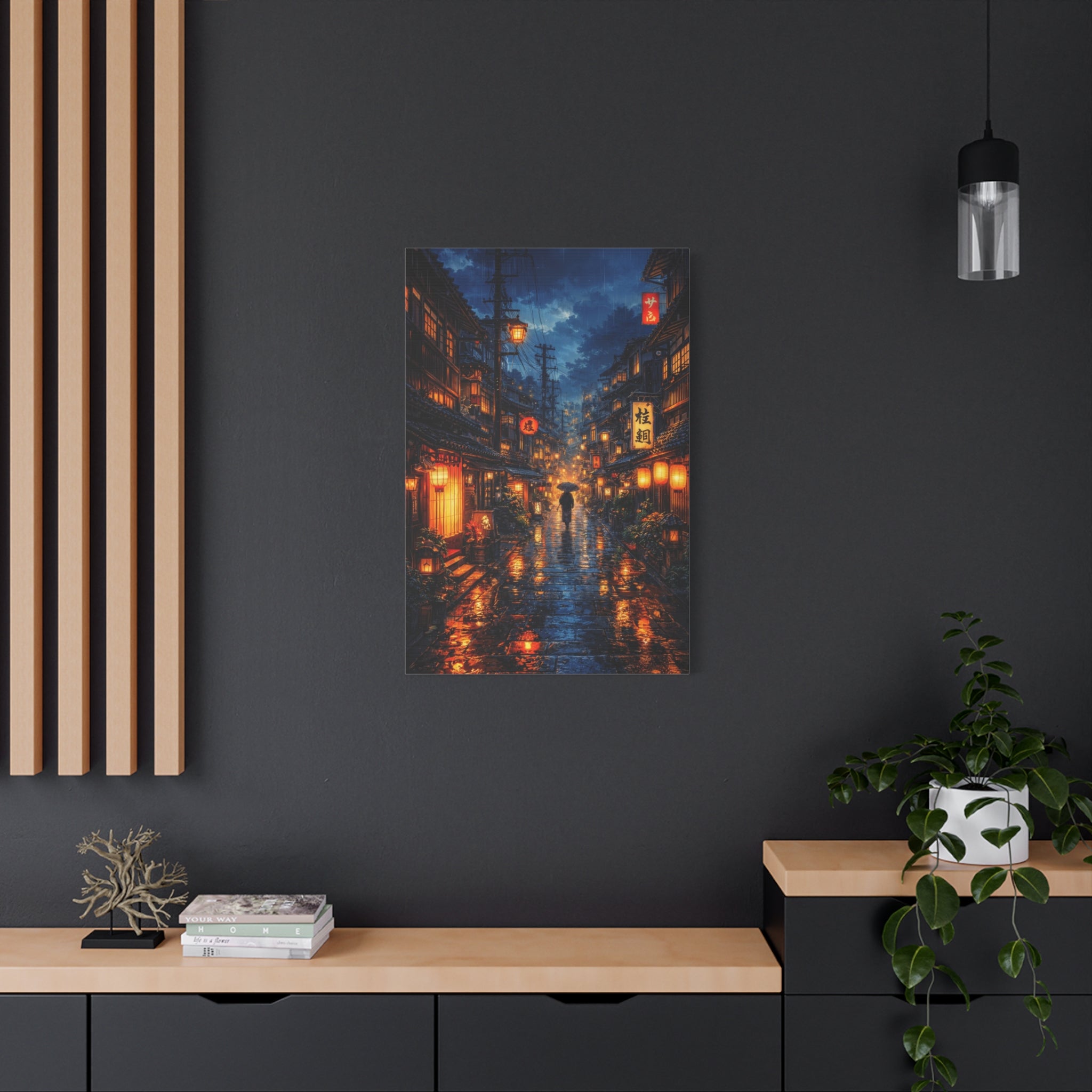 Japanese Street Canvas Wall Art "Lantern Rain" | Kyoto Night Canvas Print | Anime Cityscape Wall Decor | Tokyo Alley Art