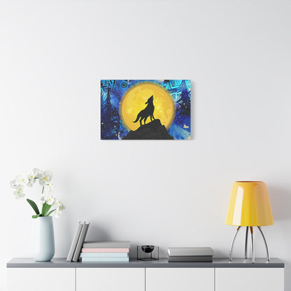 Howling Wolf and Moon Canvas Art "Lunar Prosperity" | Money Art Print | Blue and Yellow Wall Art | Howling Wolf In Prosperity Art Prints