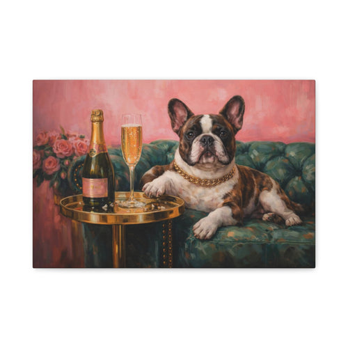 French Bulldog Canvas Wall Art "Champagne Pup" | Funny Dog Canvas Print | Luxury Frenchie Wall Decor | Pink Dog Painting Art