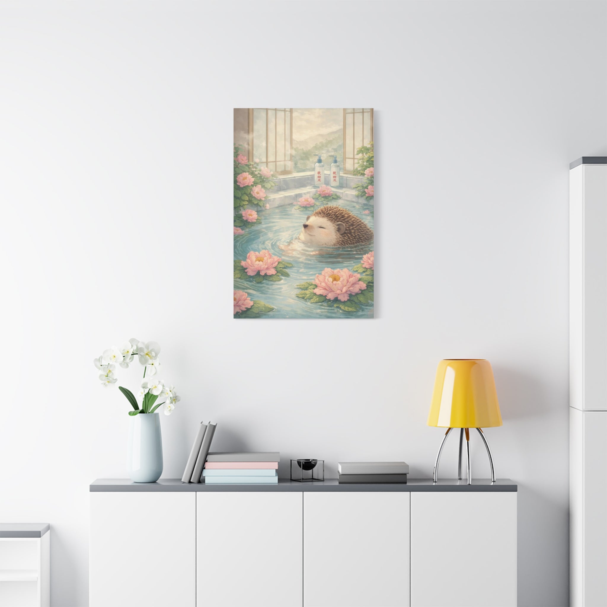 Hedgehog Bath Canvas Wall Art "Blossom Springs" | Cute Japanese Hedgehog Canvas Print | Kawaii Spa Wall Decor Art