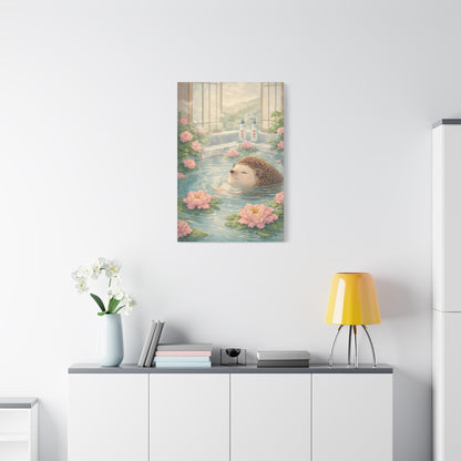 Hedgehog Bath Canvas Wall Art "Blossom Springs" | Cute Japanese Hedgehog Canvas Print | Kawaii Spa Wall Decor Art