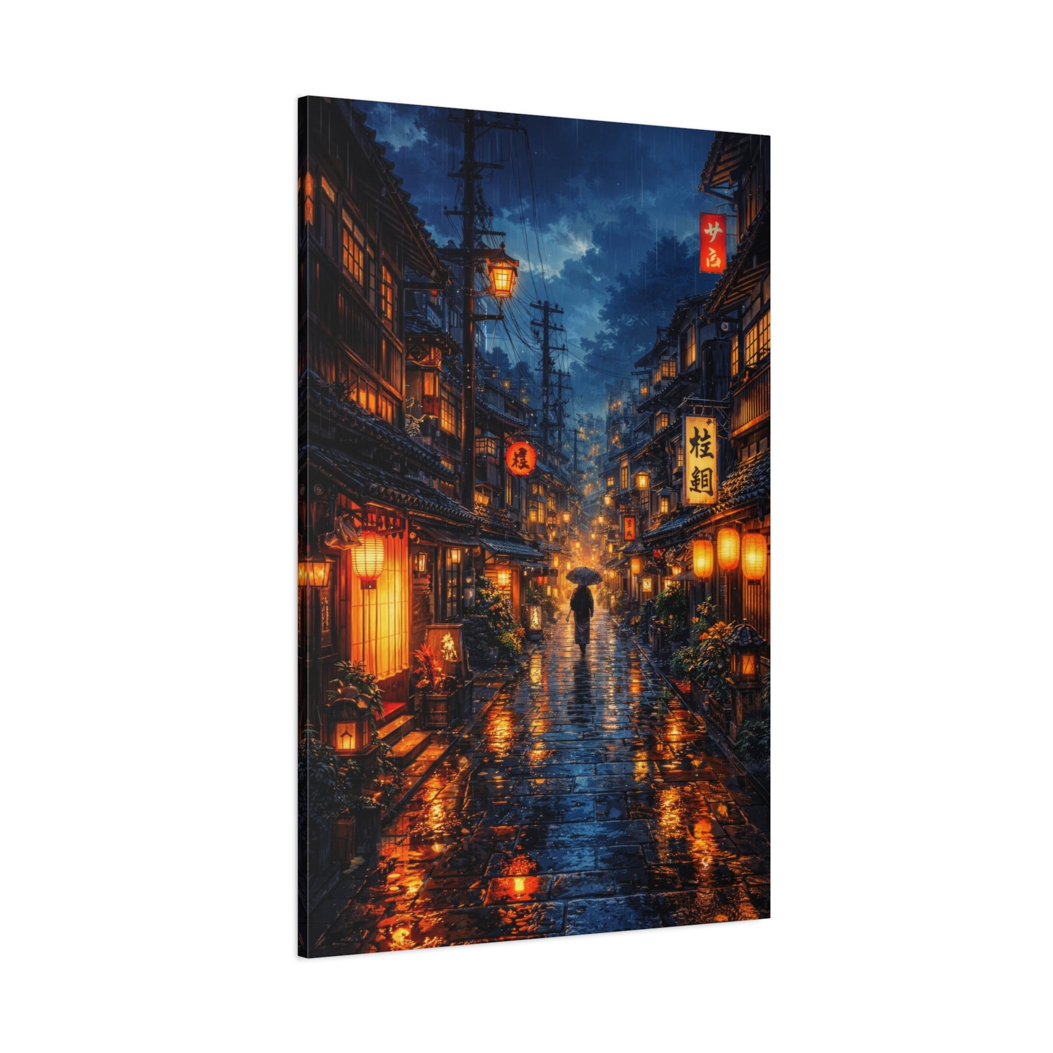 Japanese Street Canvas Wall Art "Lantern Rain" | Kyoto Night Canvas Print | Anime Cityscape Wall Decor | Tokyo Alley Art